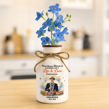 Personalized "Rainbow Bridge" flower vase with custom pet photo - a beautiful memorial gift.
