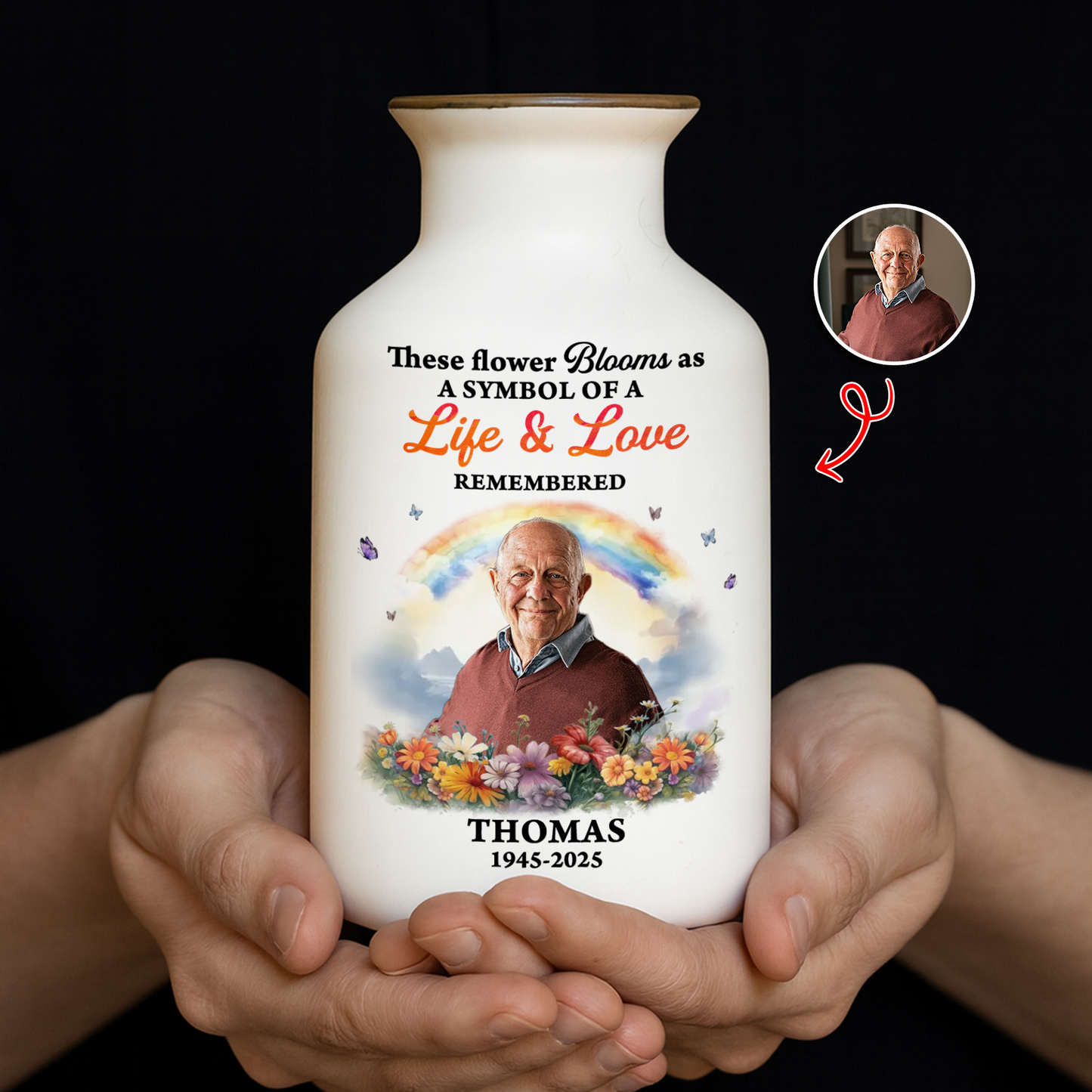 Personalized "Rainbow Bridge" flower vase with custom pet photo - a beautiful memorial gift.