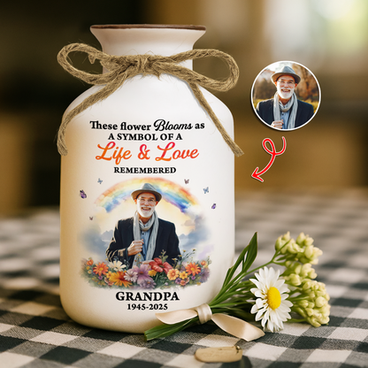 Personalized "Rainbow Bridge" flower vase with custom pet photo - a beautiful memorial gift.