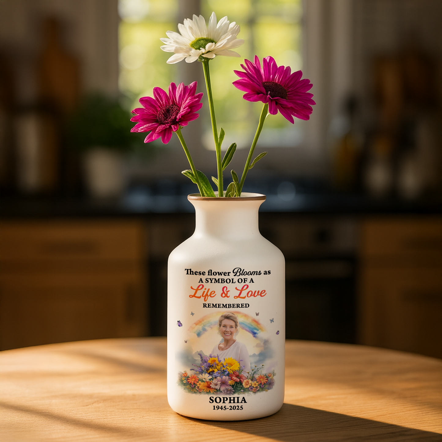 Personalized "Rainbow Bridge" flower vase with custom pet photo - a beautiful memorial gift.