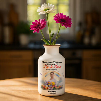 Personalized "Rainbow Bridge" flower vase with custom pet photo - a beautiful memorial gift.