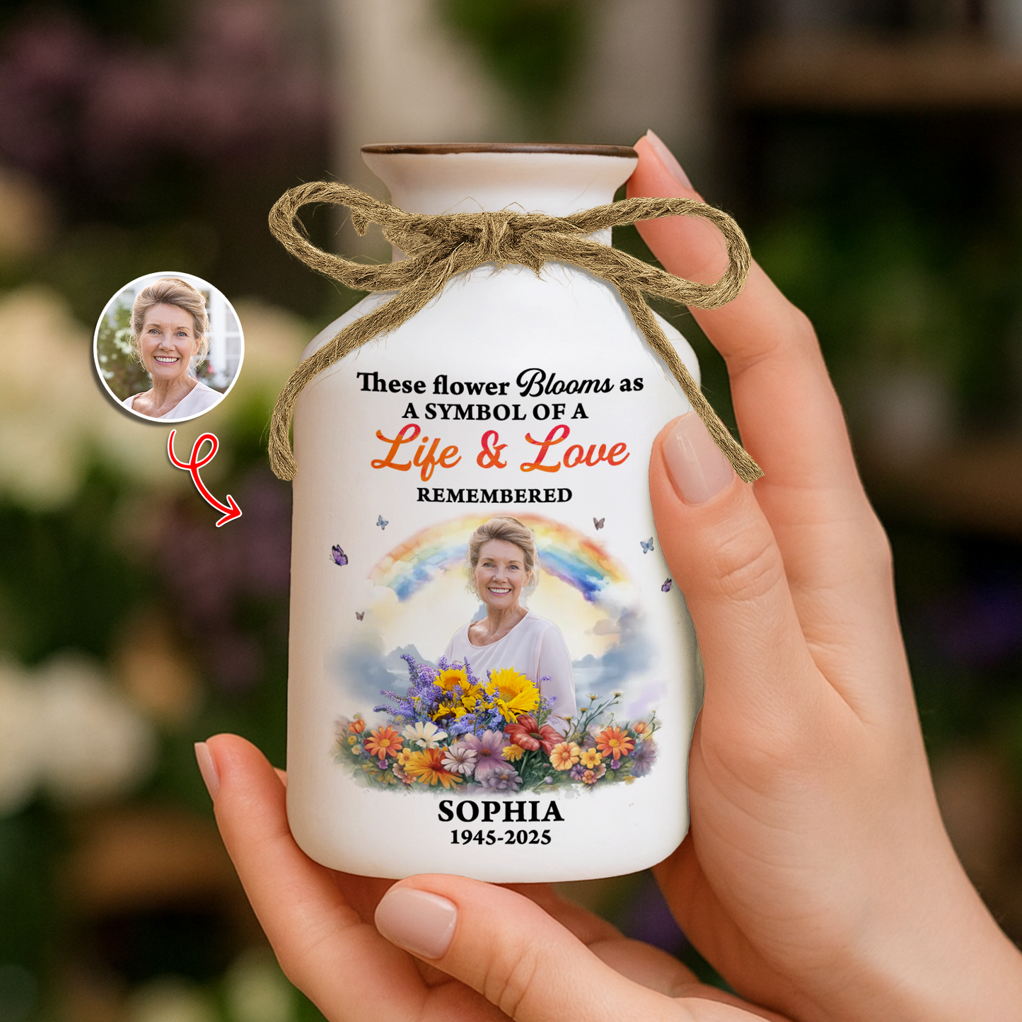 Personalized "Rainbow Bridge" flower vase with custom pet photo - a beautiful memorial gift.