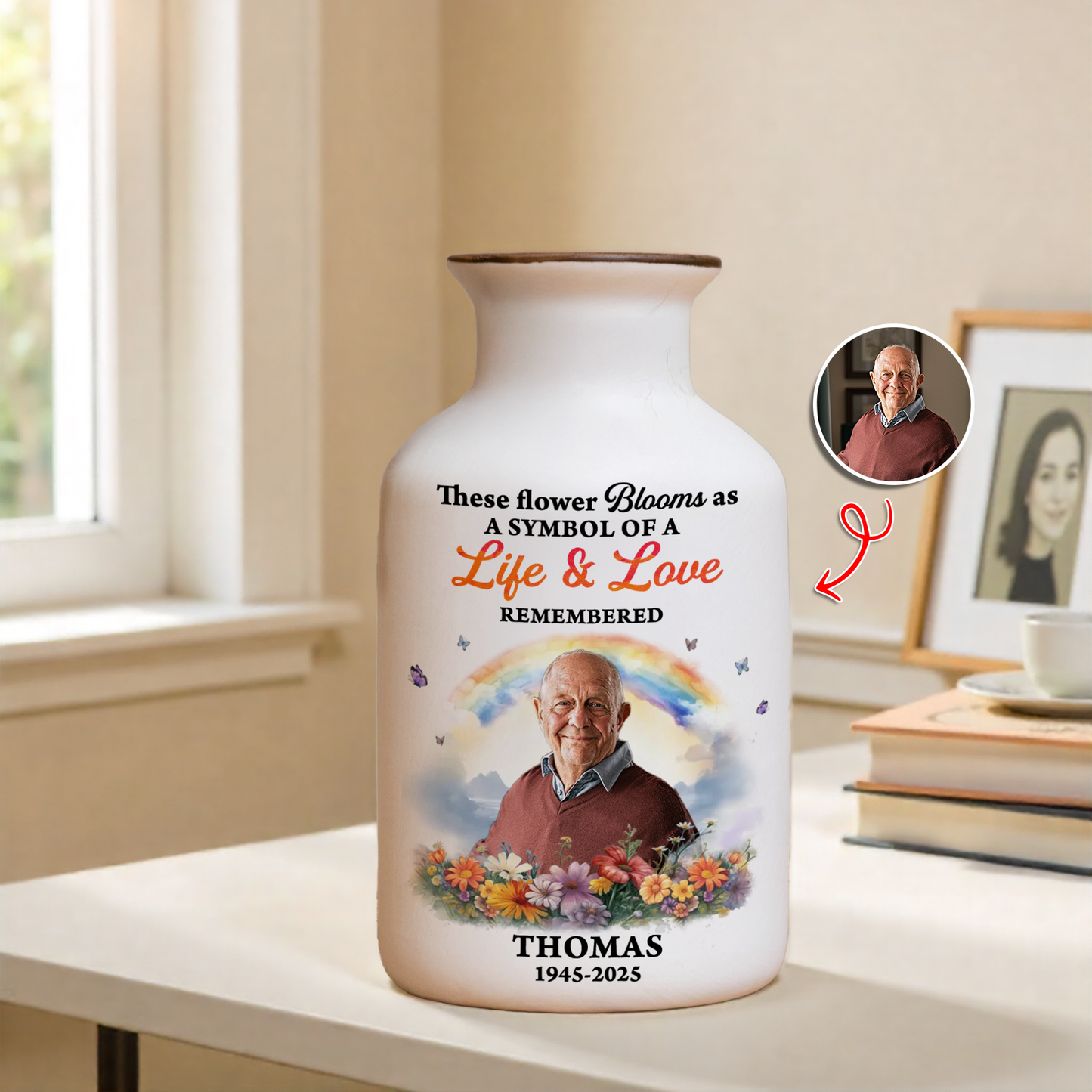 Personalized "Rainbow Bridge" flower vase with custom pet photo - a beautiful memorial gift.