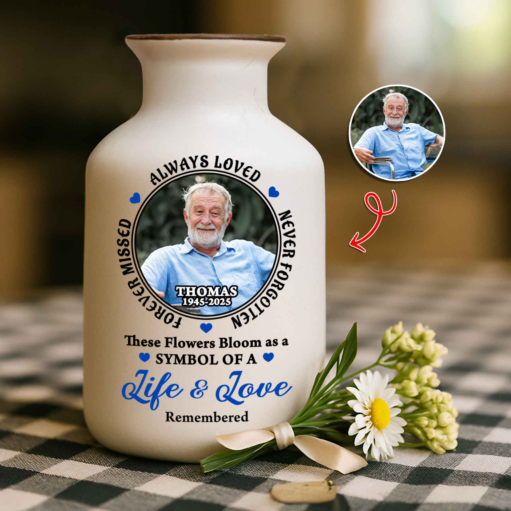 Custom photo flower vase: Elegant white ceramic vase with personalized memorial photo.