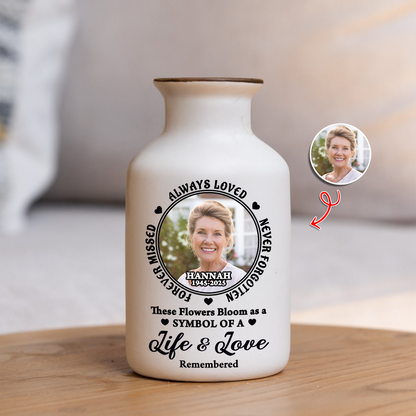 Custom photo flower vase: Elegant white ceramic vase with personalized memorial photo.