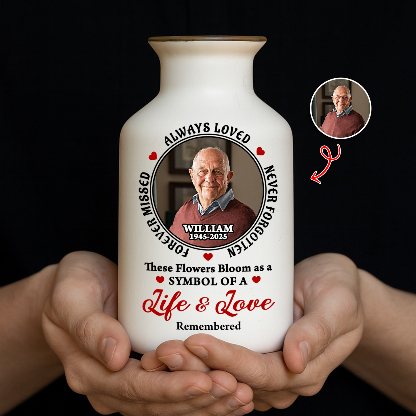 Custom photo flower vase: Elegant white ceramic vase with personalized memorial photo.