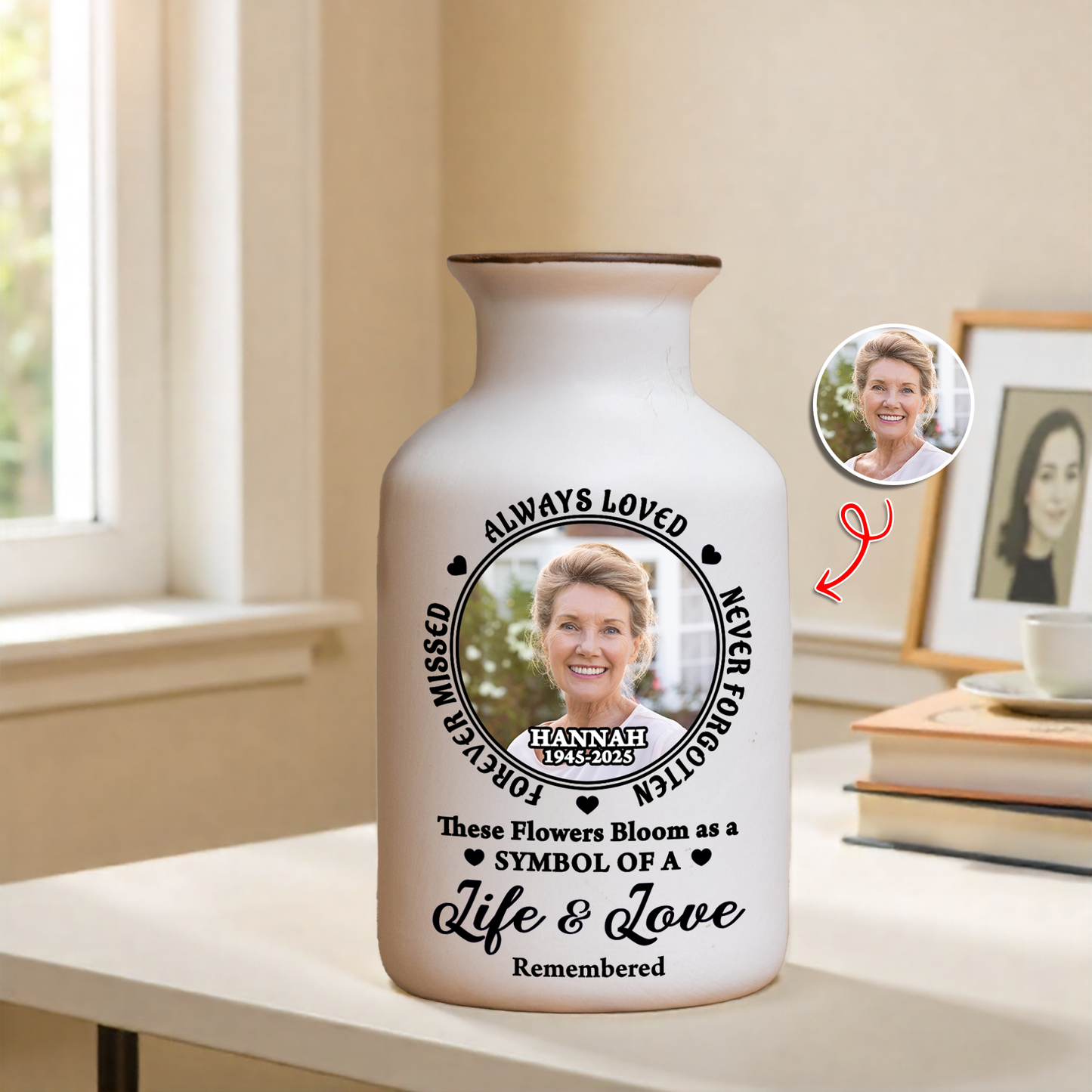 Custom photo flower vase: Elegant white ceramic vase with personalized memorial photo.