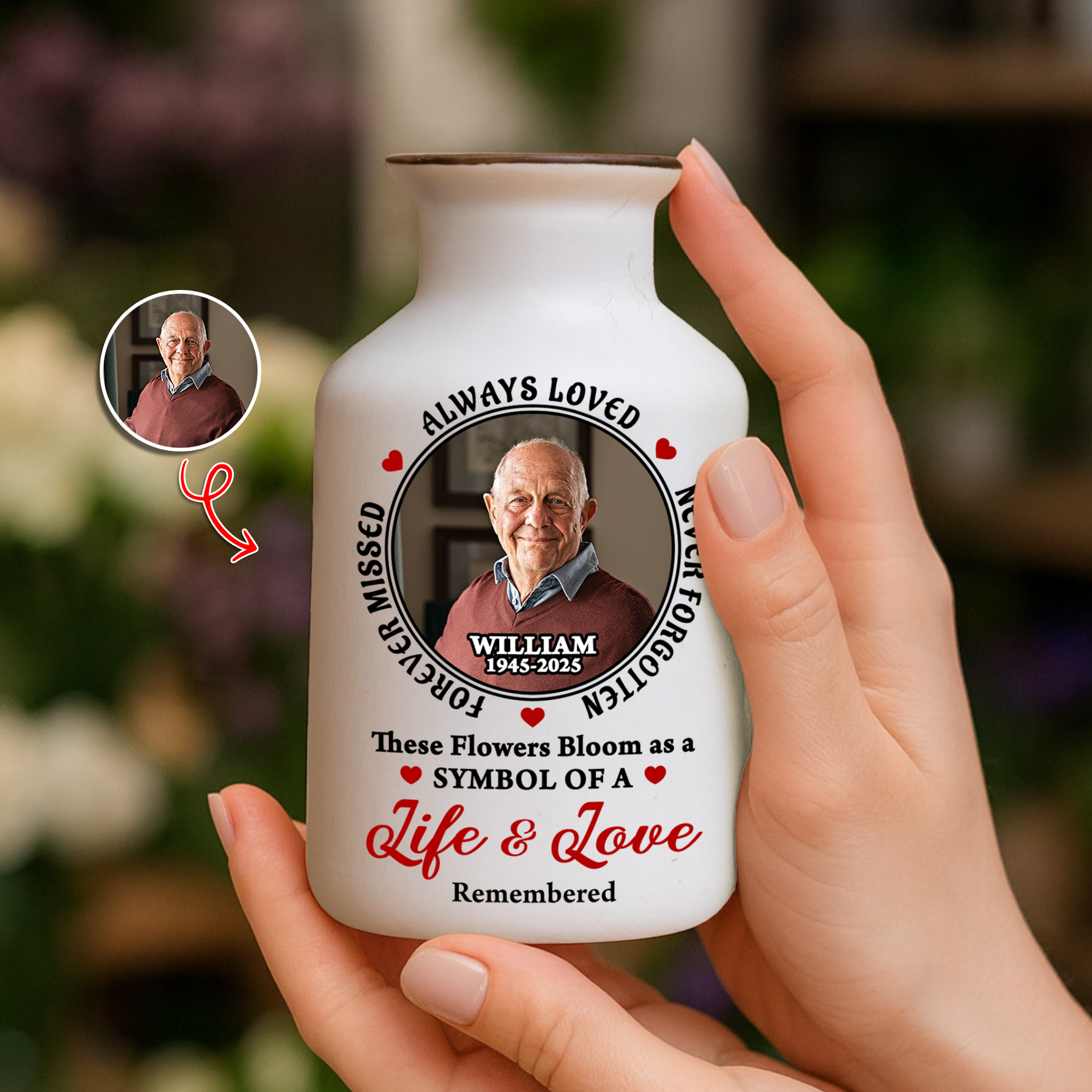 Custom photo flower vase: Elegant white ceramic vase with personalized memorial photo.