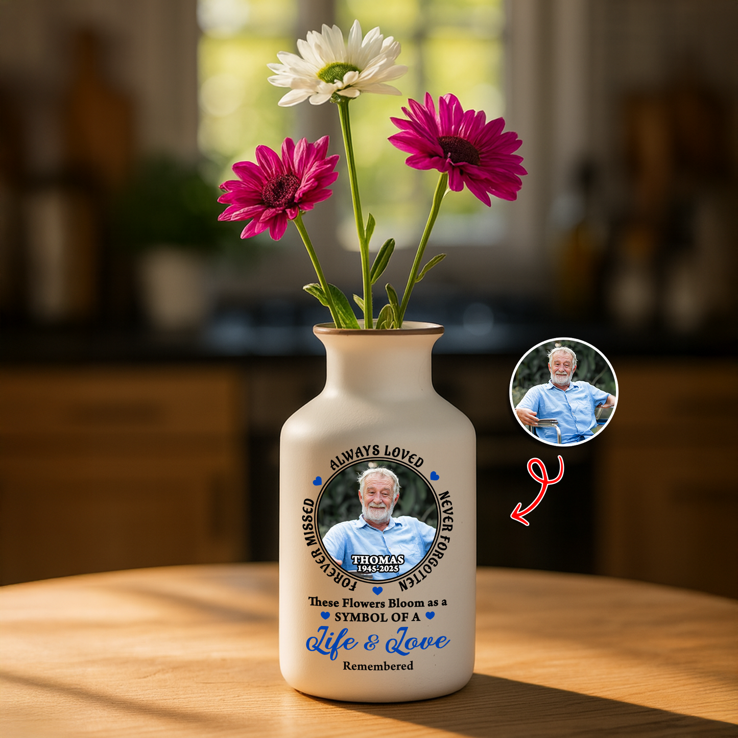 Custom photo flower vase: Elegant white ceramic vase with personalized memorial photo.