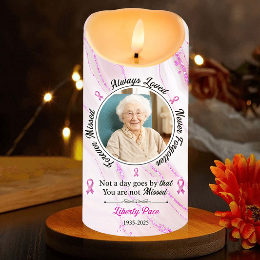 Personalized photo LED candle, "Always in Our Thoughts," showcasing a custom memorial gift.