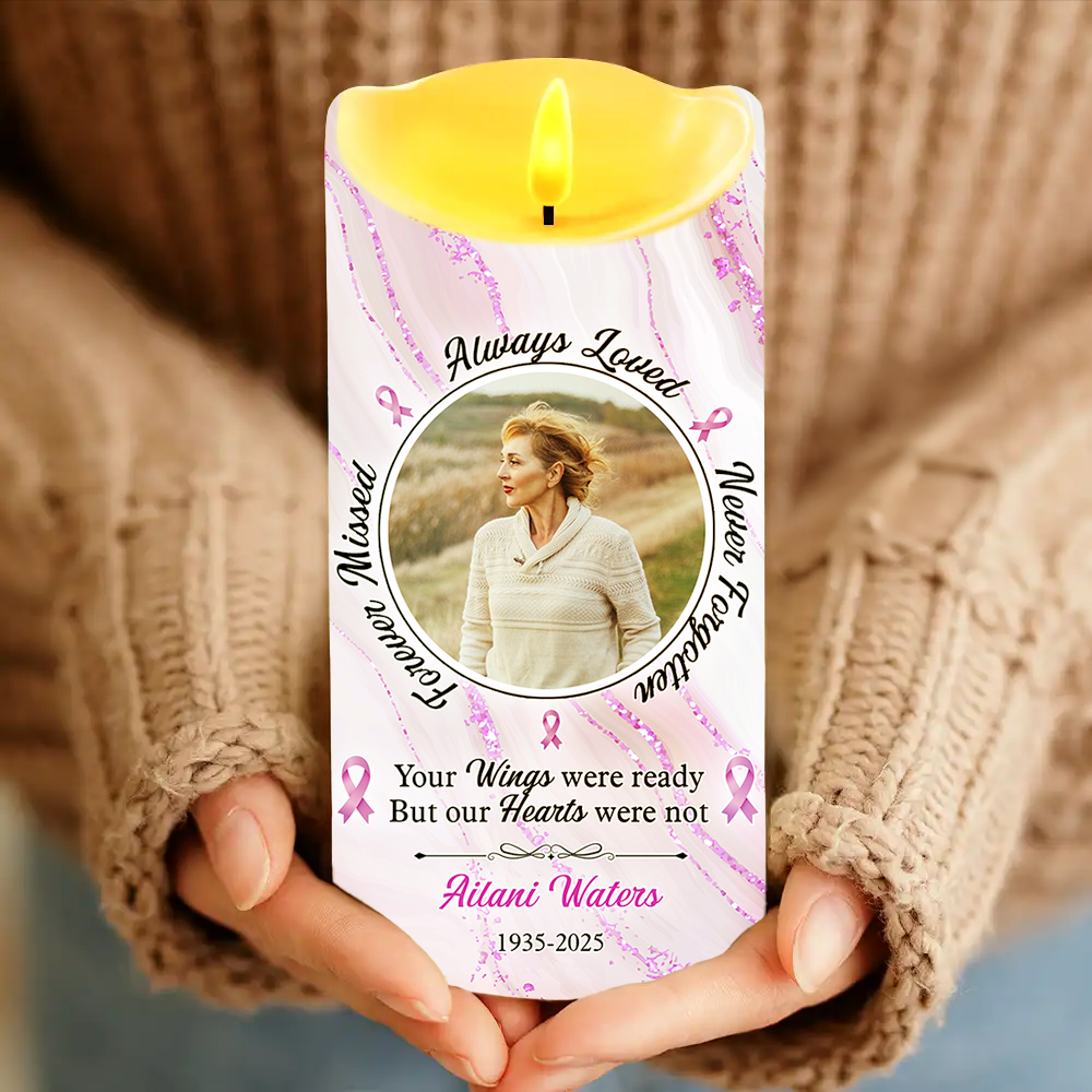 Personalized photo LED candle, "Always in Our Thoughts," showcasing a custom memorial gift.