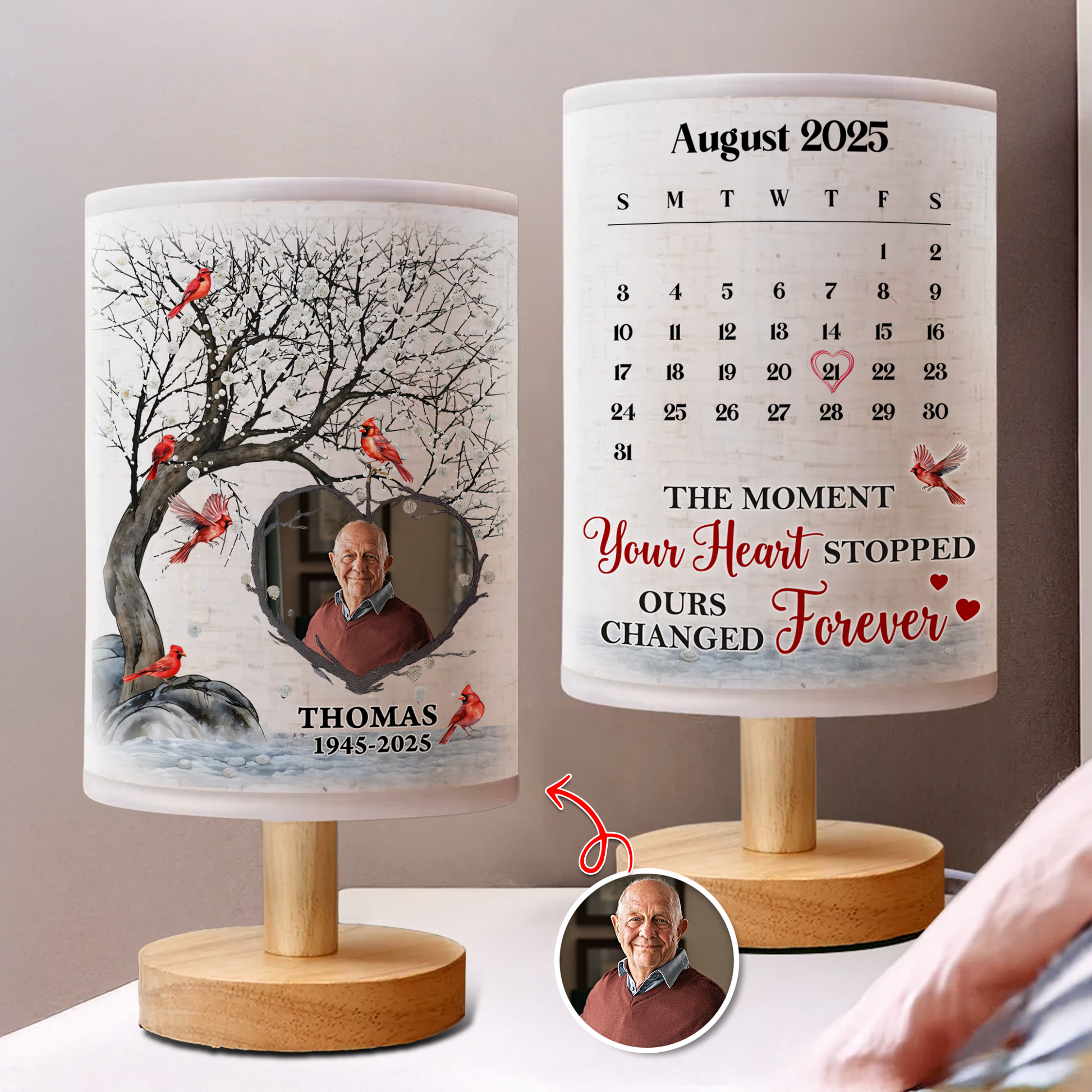 Personalized Fabric Lamp with Cardinal Photo Calendar - unique custom lamp.
