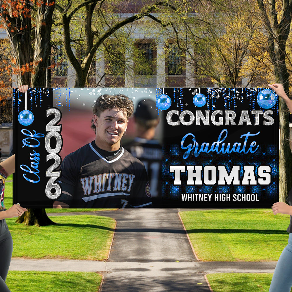 Custom Photo Congrats 2026 Graduate Disco Style Personalized Banner - Graduation Decor