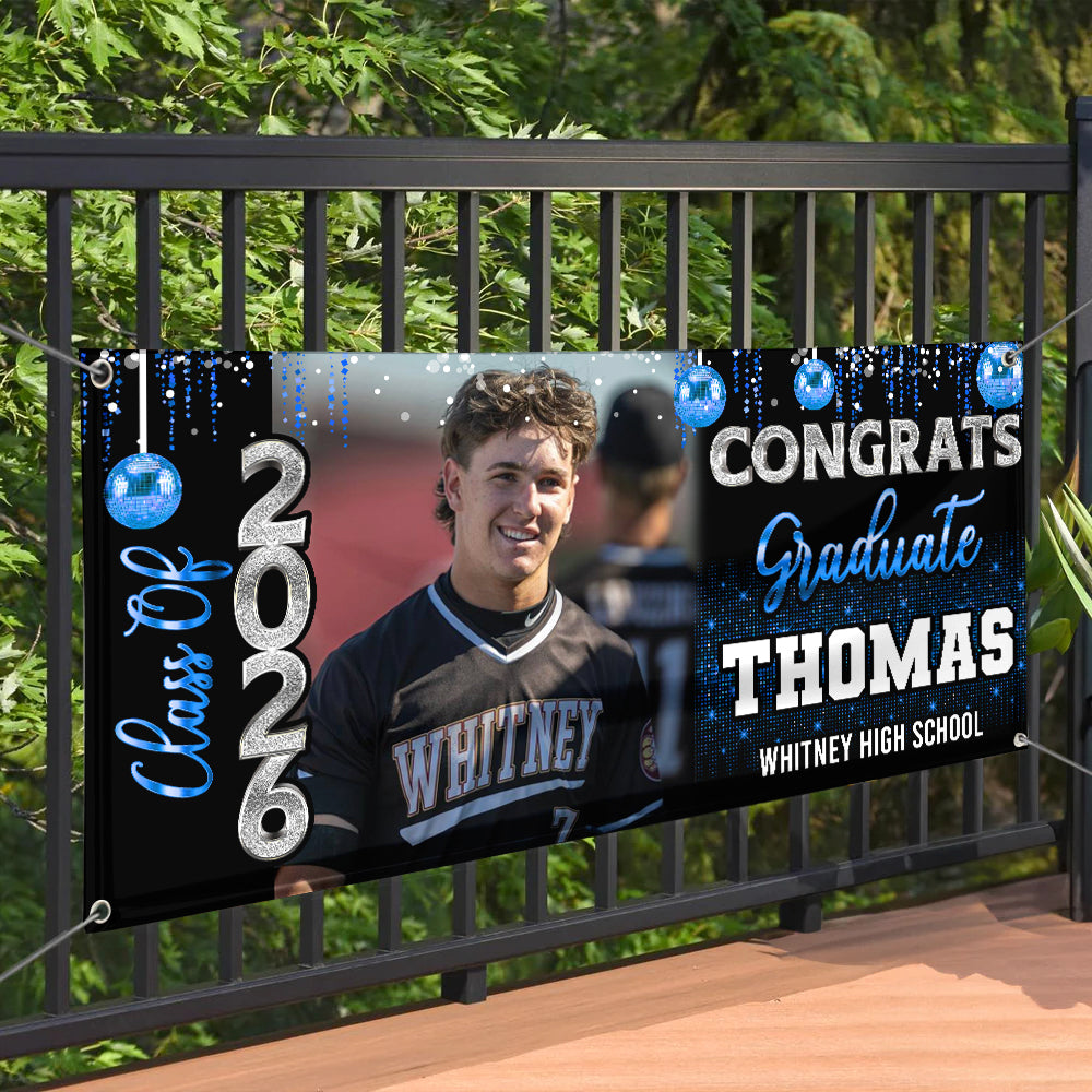 Custom Photo Congrats 2026 Graduate Disco Style Personalized Banner - Graduation Decor