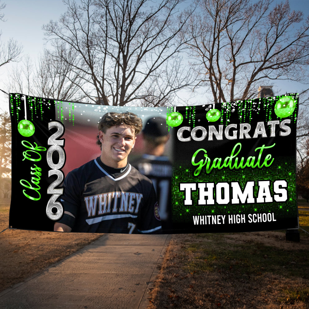 Custom Photo Congrats 2026 Graduate Disco Style Personalized Banner - Graduation Decor