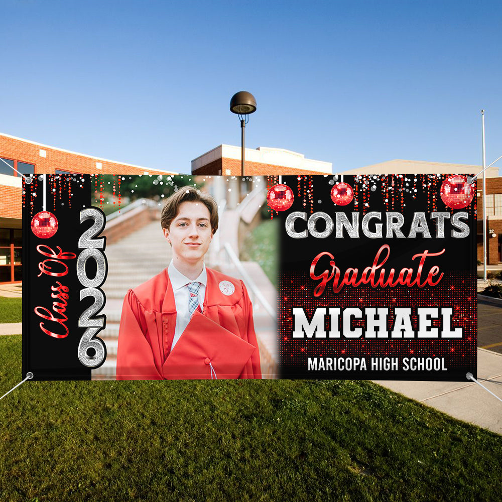 Custom Photo Congrats 2026 Graduate Disco Style Personalized Banner - Graduation Decor