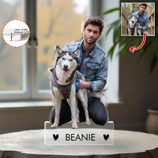 Personalized acrylic block plaque with custom photo and figure.