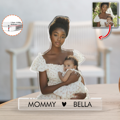 Personalized acrylic block plaque with custom photo and figure.