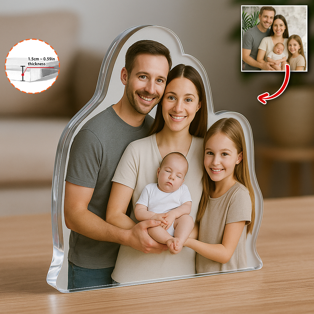 Personalized acrylic block plaque with custom photo and figure.