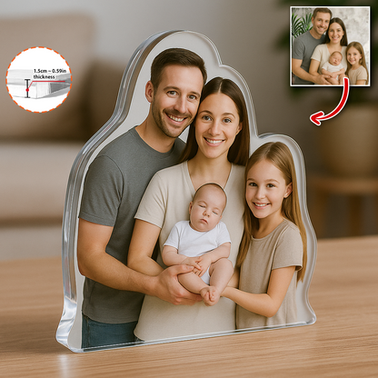 Personalized acrylic block plaque with custom photo and figure.