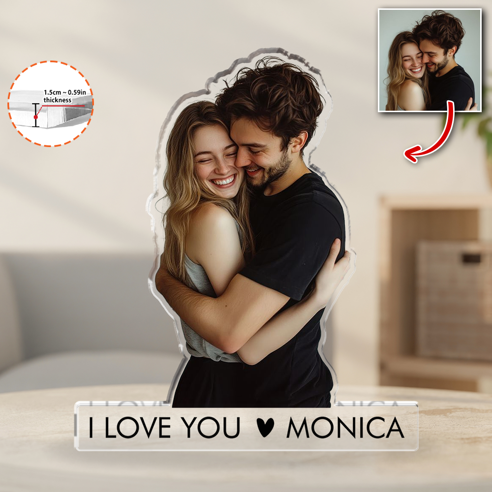 Personalized acrylic block plaque with custom photo and figure.
