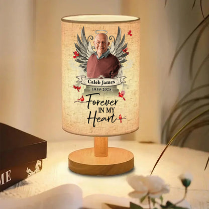 Custom photo lamp with personalized "Forever in My Heart" design, showcasing a heartfelt memorial gift.