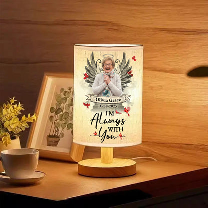 Custom photo lamp with personalized "Forever in My Heart" design, showcasing a heartfelt memorial gift.
