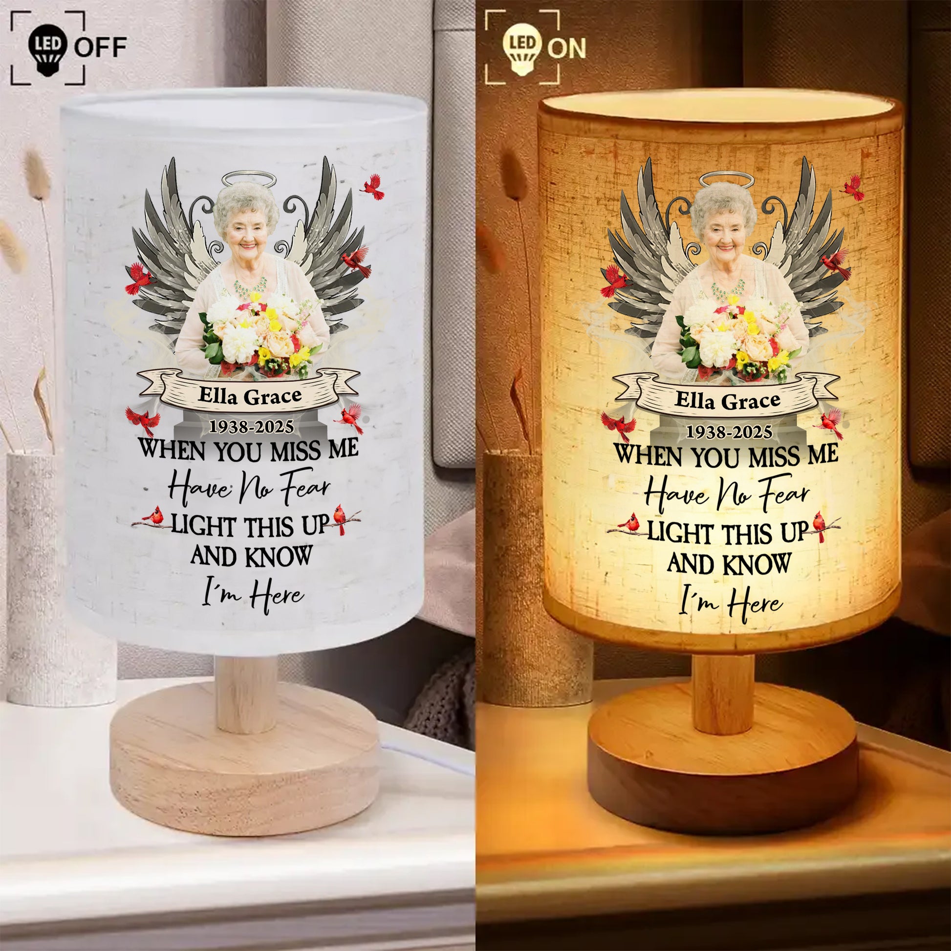 Custom photo lamp with personalized "Forever in My Heart" design, showcasing a heartfelt memorial gift.