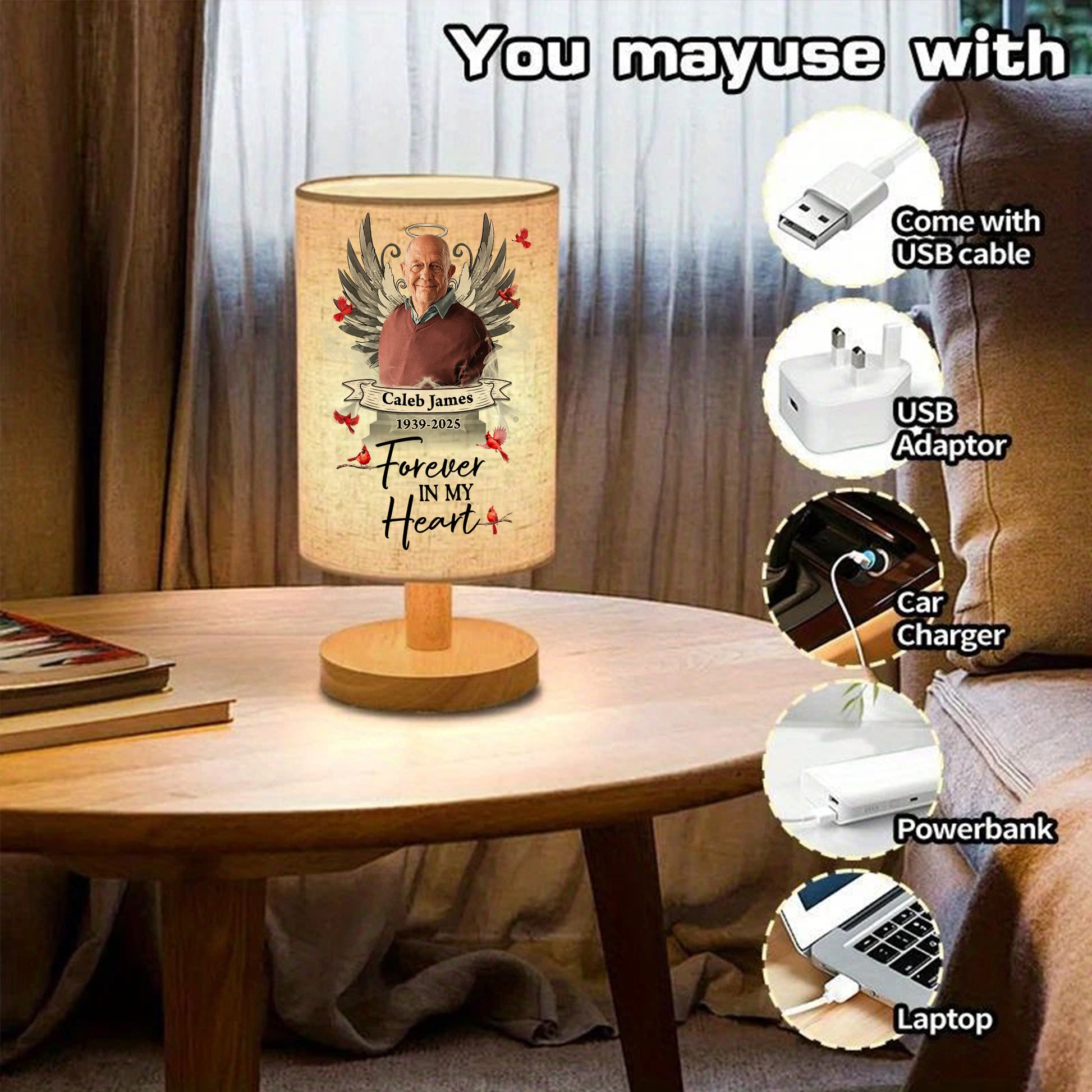 Custom photo lamp with personalized "Forever in My Heart" design, showcasing a heartfelt memorial gift.