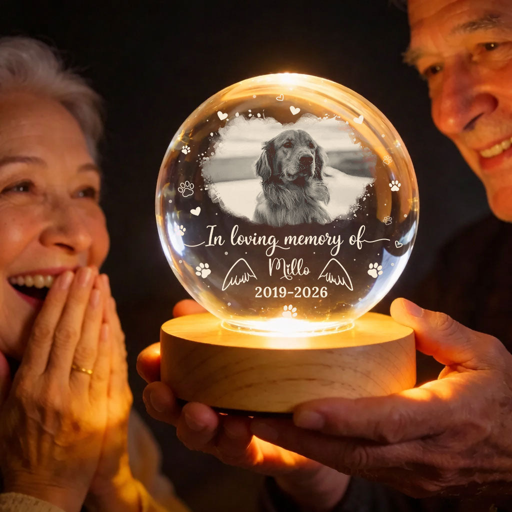 Personalized crystal globe lamp with custom photo of forever loved dog or cat.