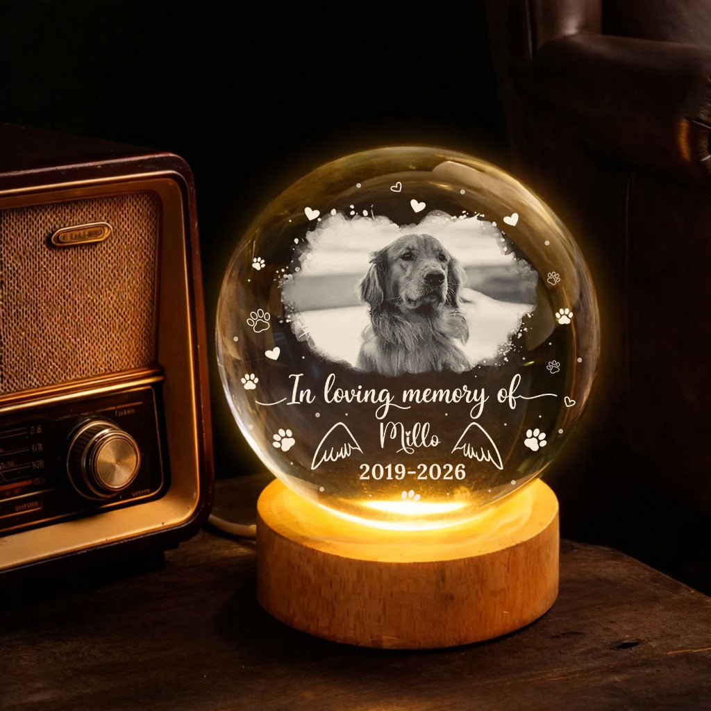 Personalized crystal globe lamp with custom photo of forever loved dog or cat.