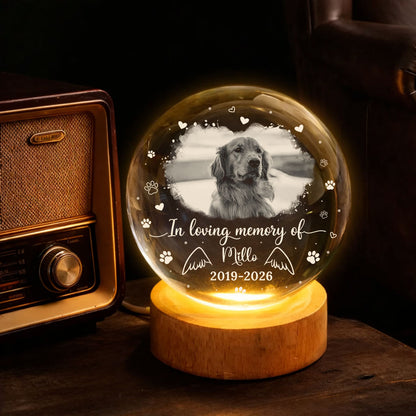 Personalized crystal globe lamp with custom photo of forever loved dog or cat.