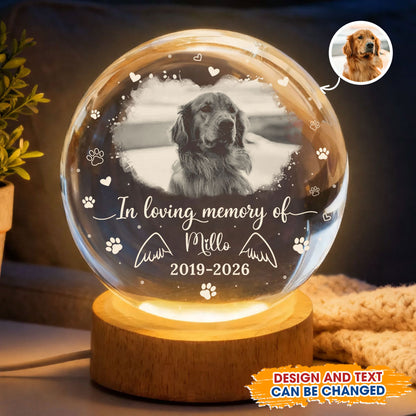 Personalized crystal globe lamp with custom photo of forever loved dog or cat.