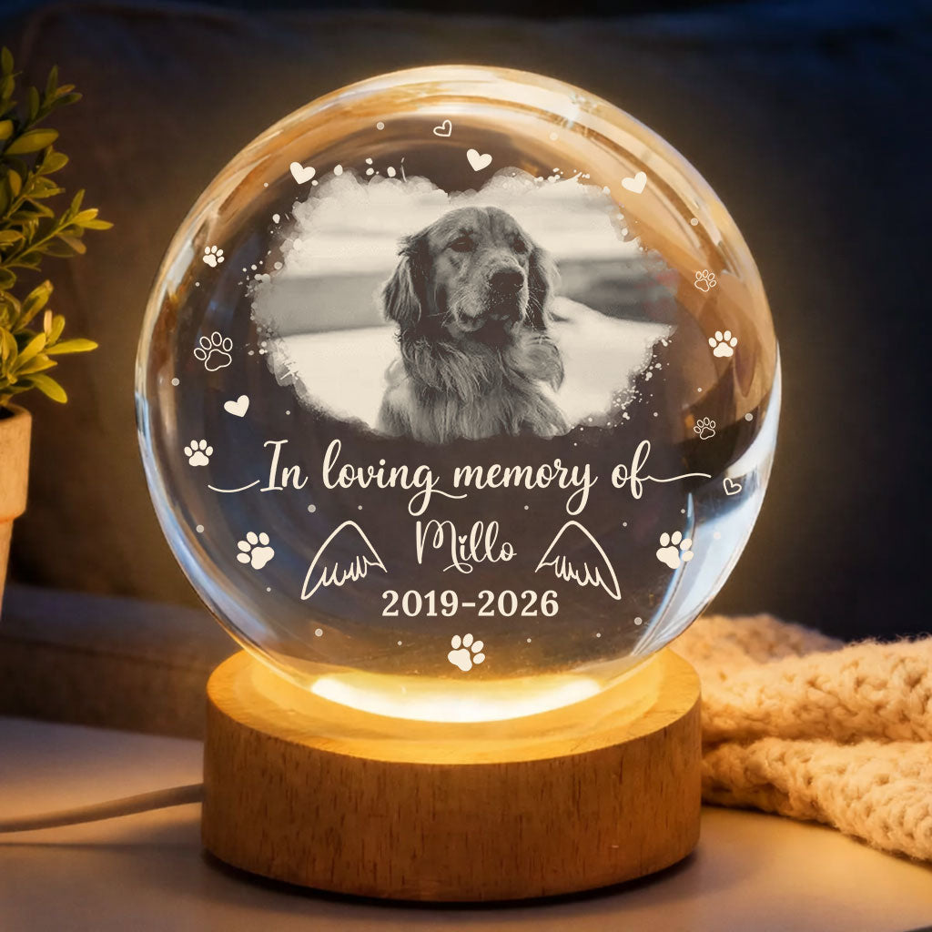 Personalized crystal globe lamp with custom photo of forever loved dog or cat.