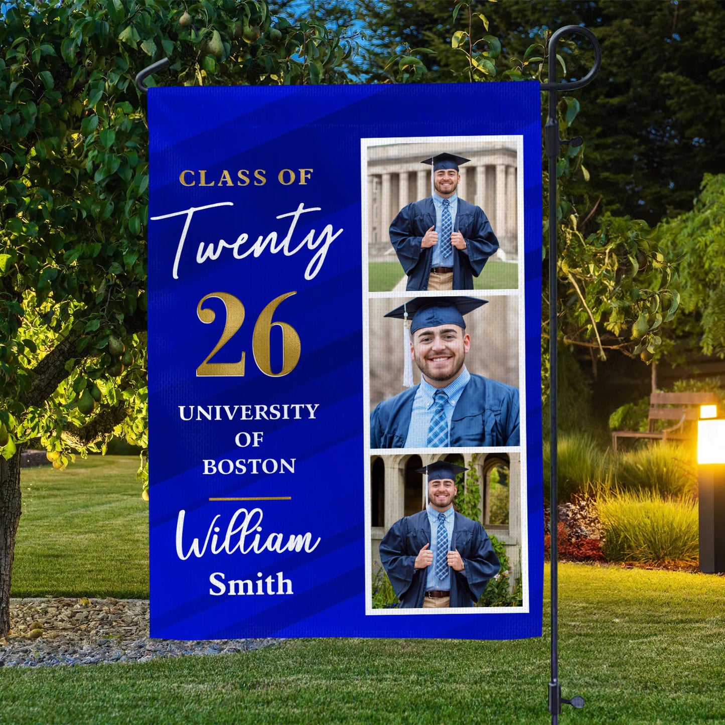 Personalized graduation garden flag for the class of 2026 with custom photo.