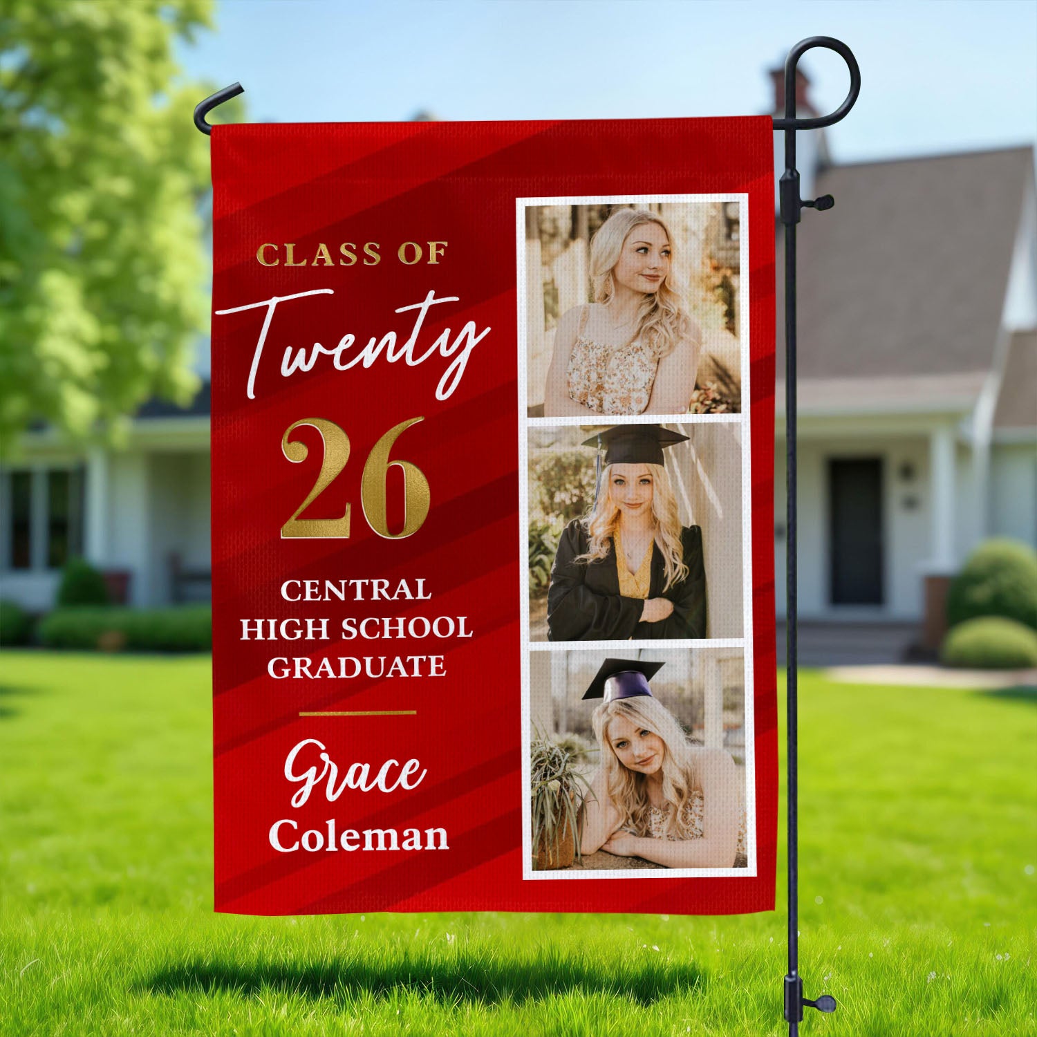 Personalized graduation garden flag for the class of 2026 with custom photo.