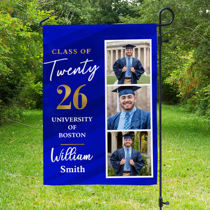 Personalized graduation garden flag for the class of 2026 with custom photo.