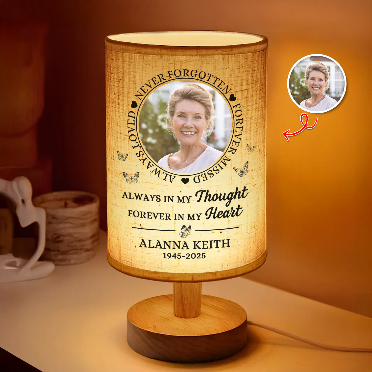 Personalized memorial lamp with custom photo and "Have No Fear" message.