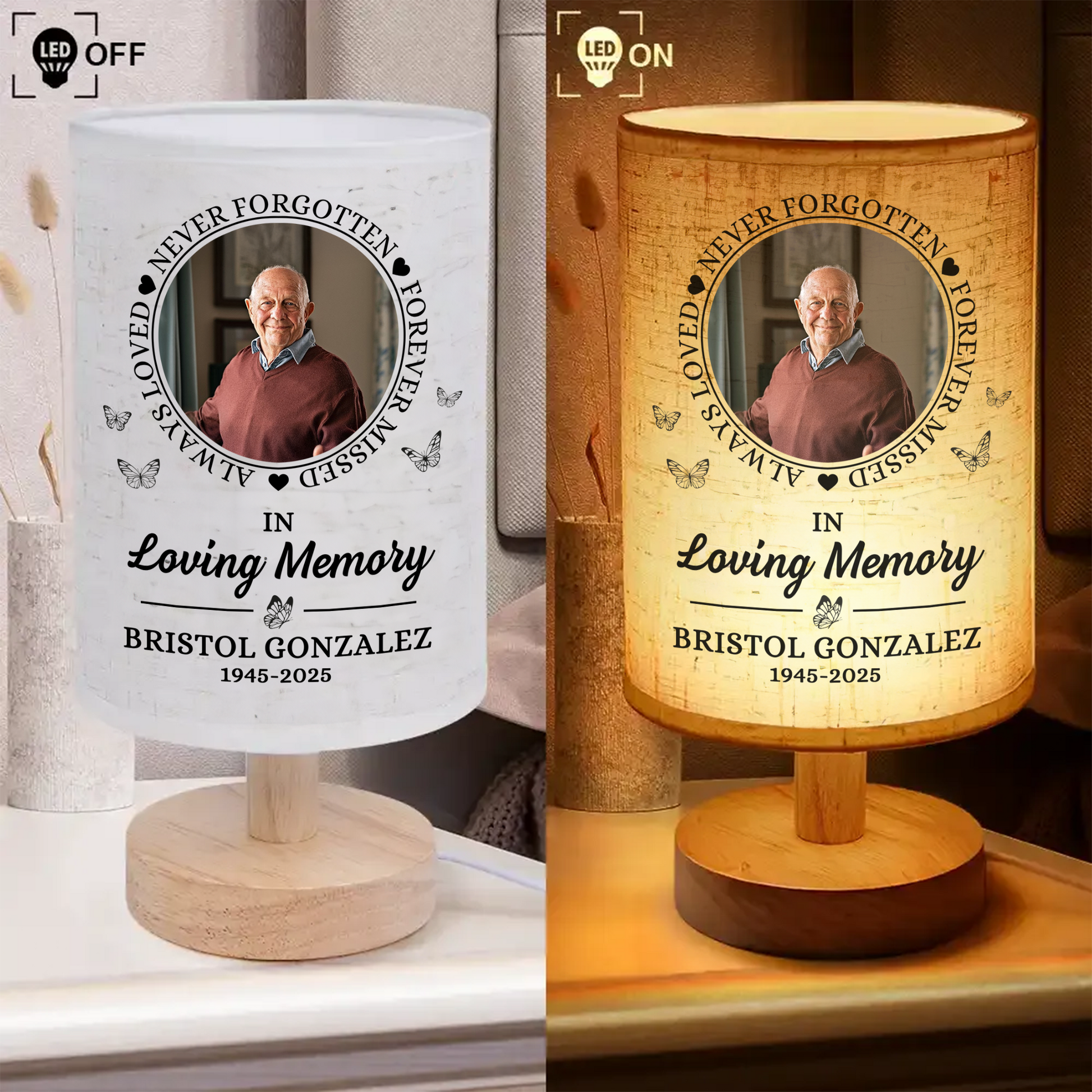 Personalized memorial lamp with custom photo and "Have No Fear" message.