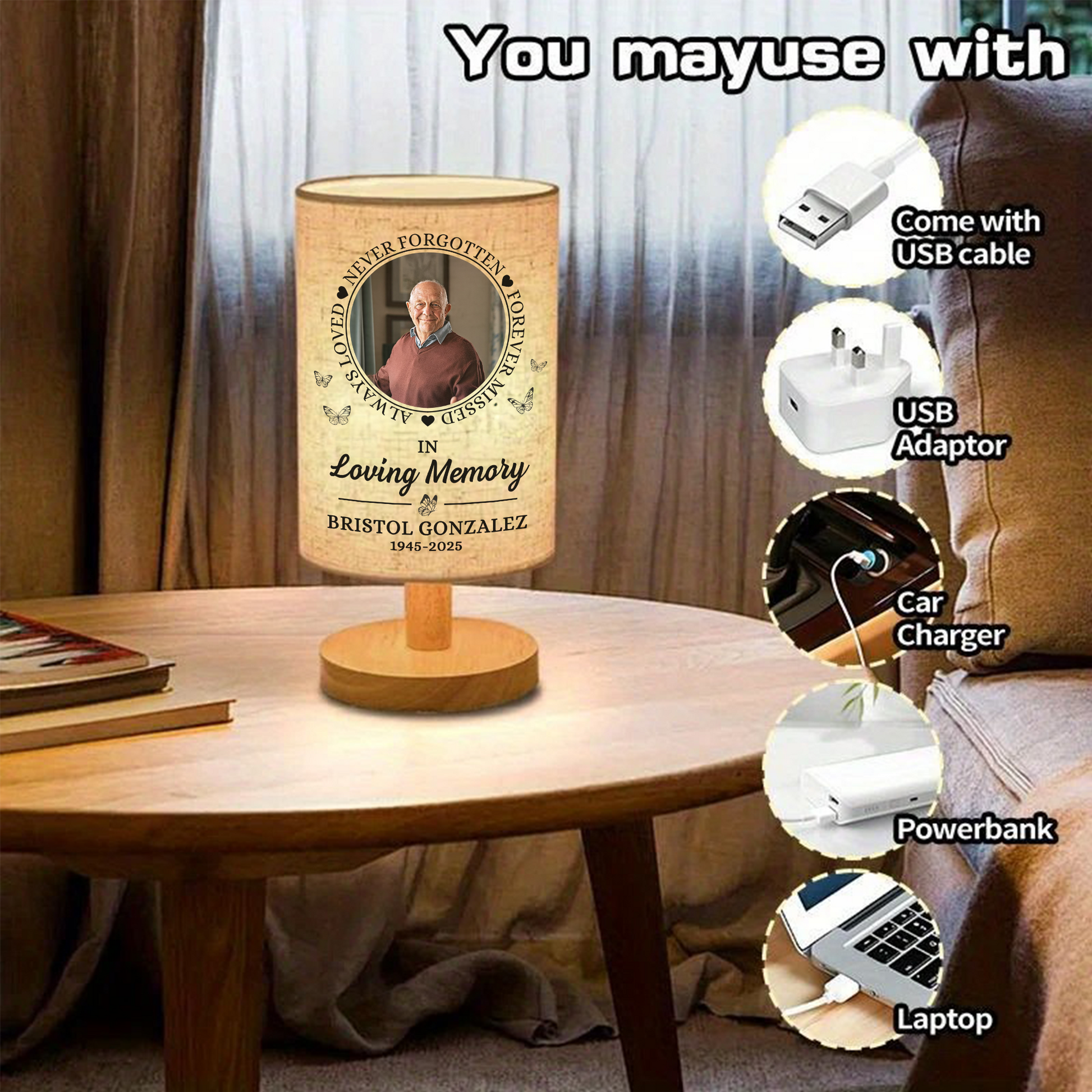 Personalized memorial lamp with custom photo and "Have No Fear" message.