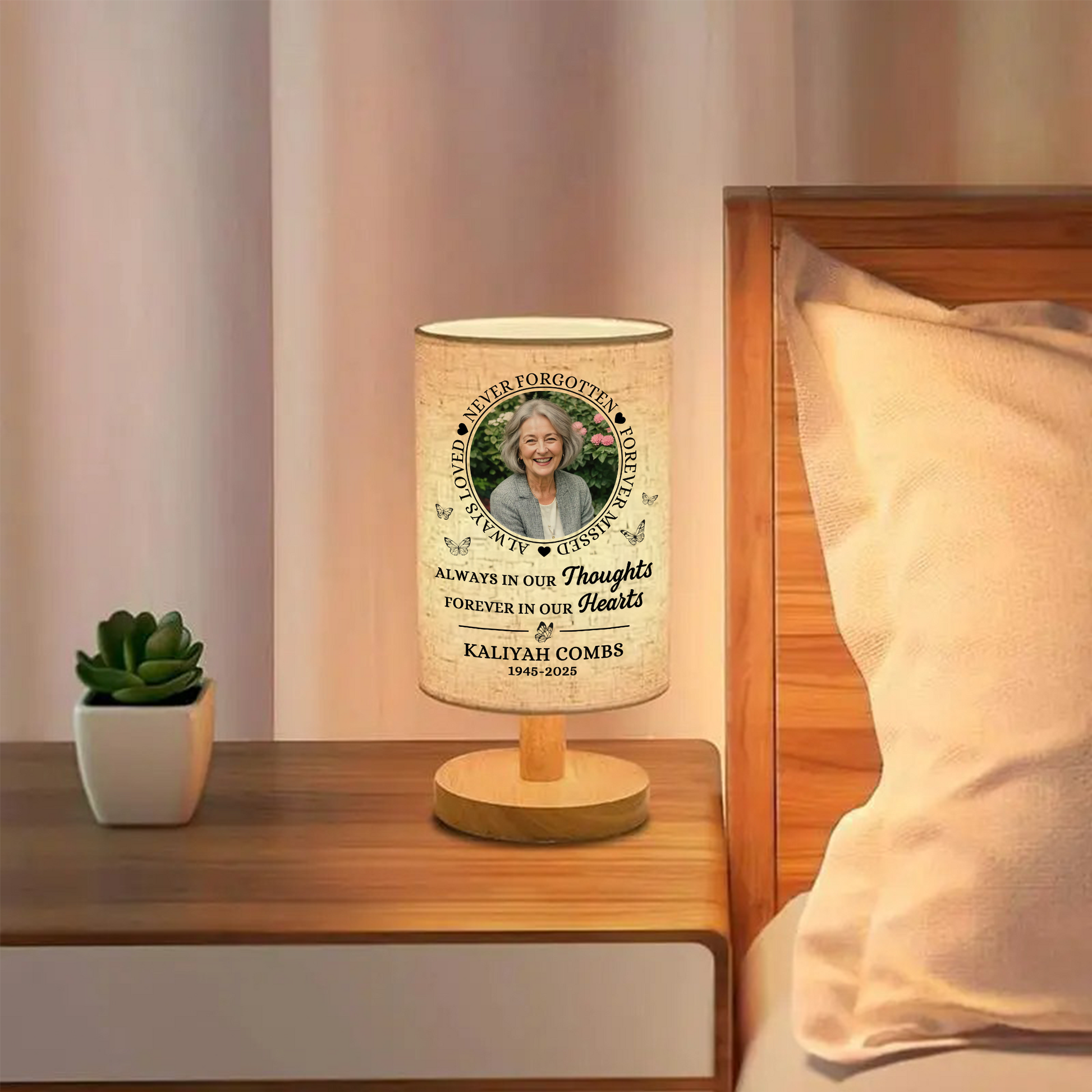 Personalized memorial lamp with custom photo and "Have No Fear" message.