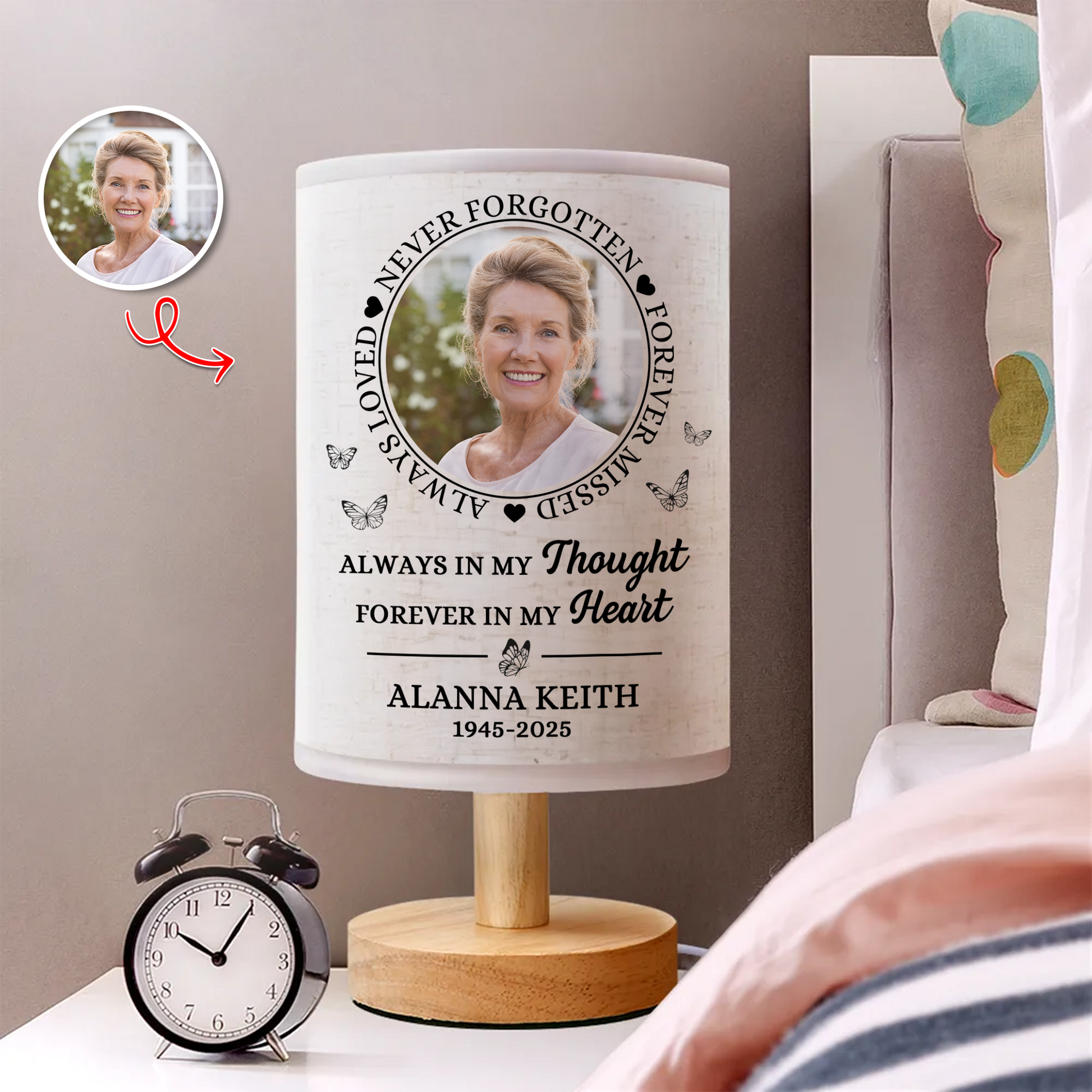 Personalized memorial lamp with custom photo and "Have No Fear" message.