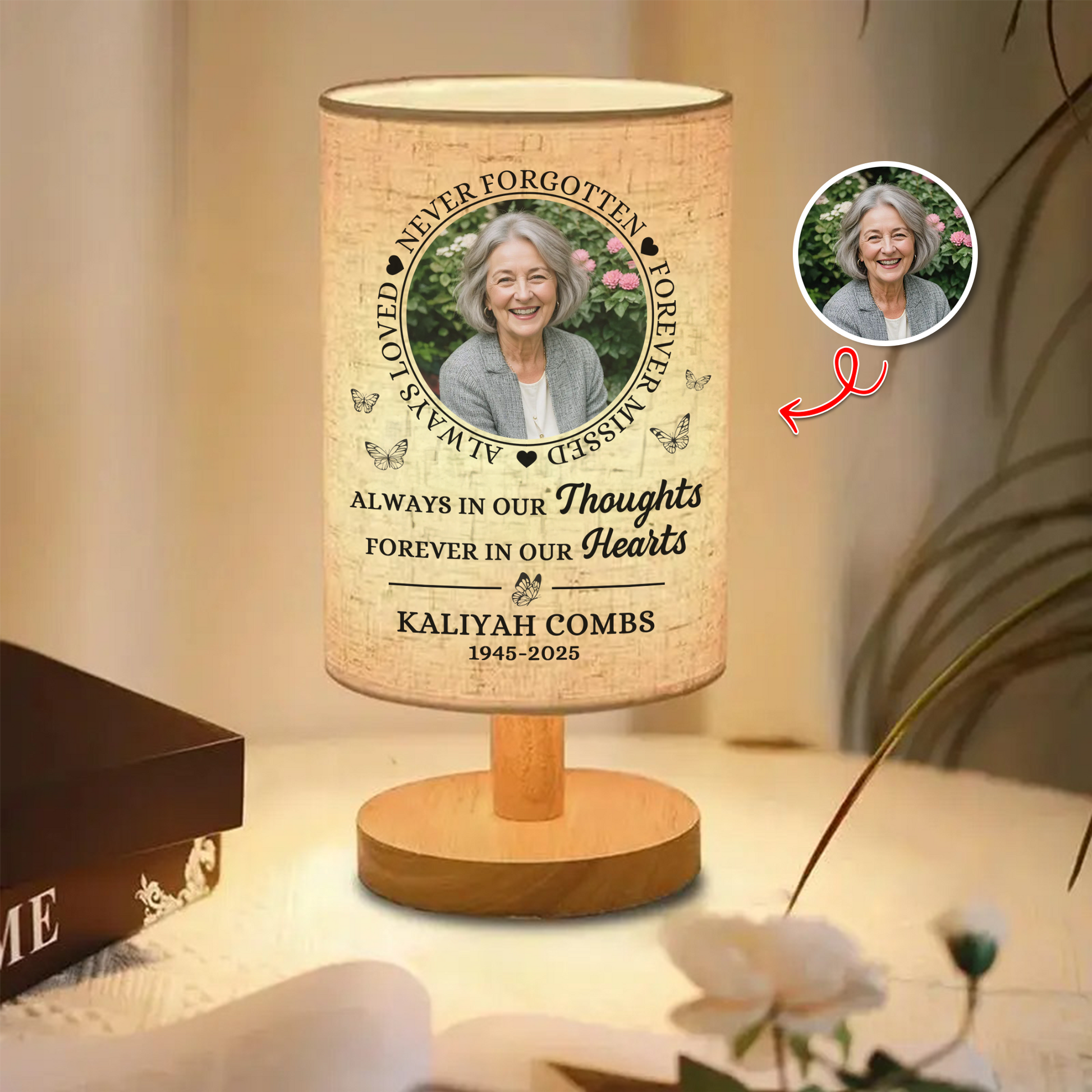 Personalized memorial lamp with custom photo and "Have No Fear" message.