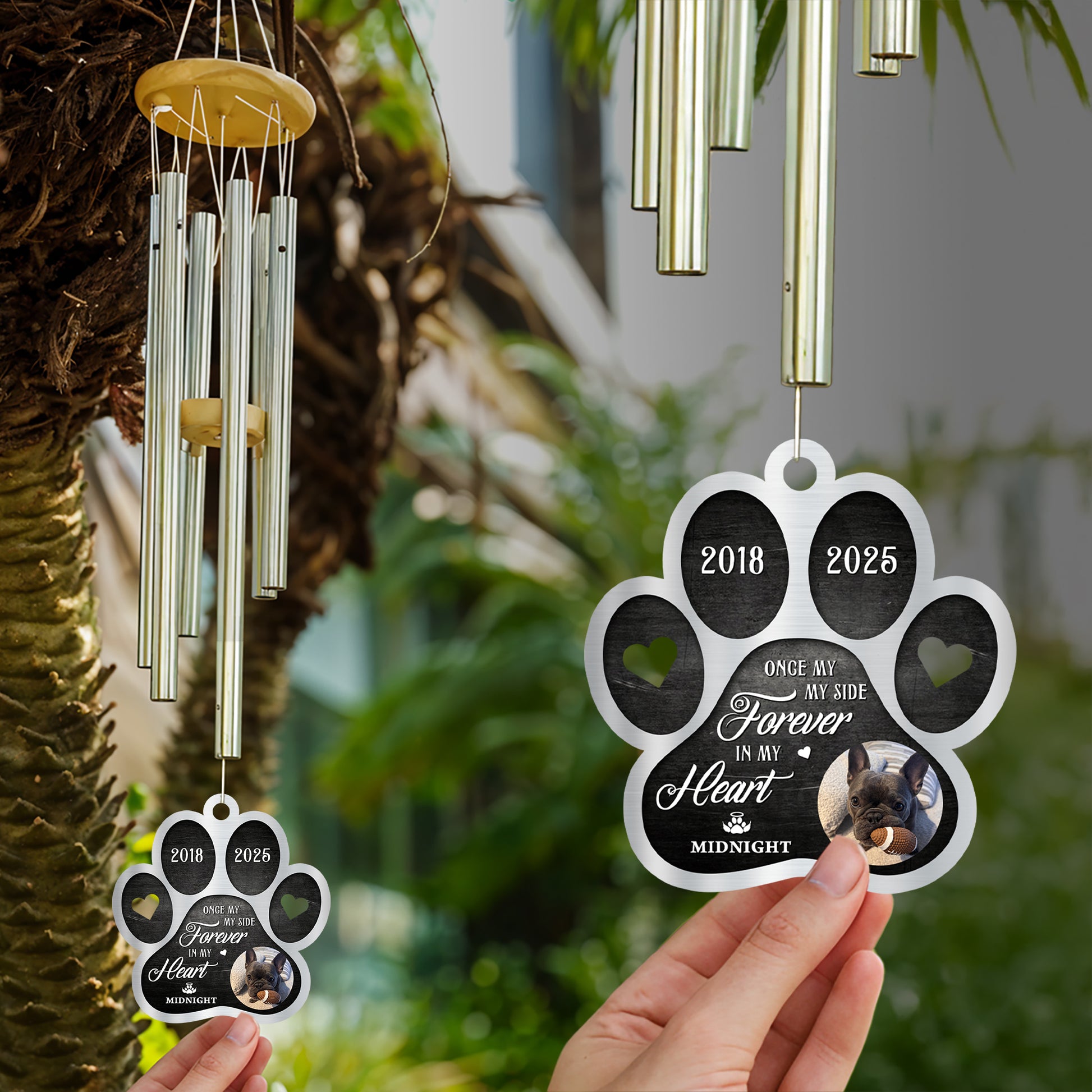 Personalized memorial wind chime with custom photo and "I will always miss you" message.