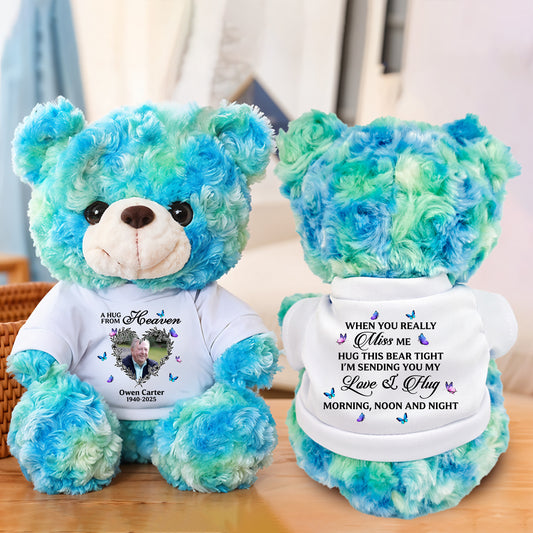 Personalized memorial teddy bear with custom photo, a comforting "Hug From Heaven" keepsake.