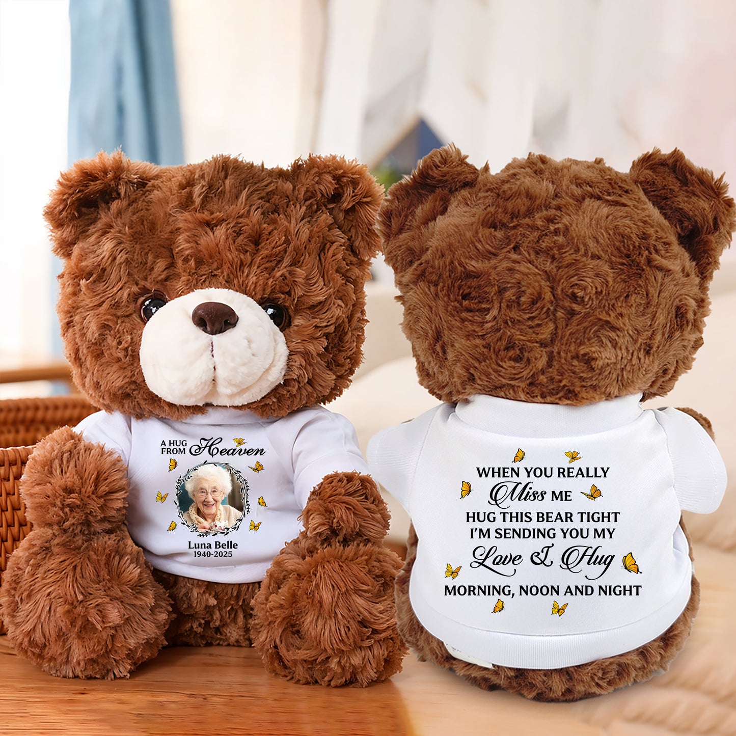 Personalized memorial teddy bear with custom photo, a comforting "Hug From Heaven" keepsake.