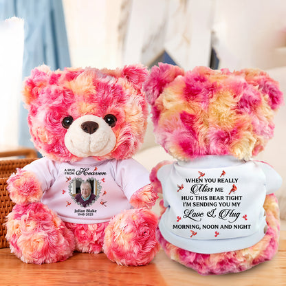Personalized memorial teddy bear with custom photo, a comforting "Hug From Heaven" keepsake.