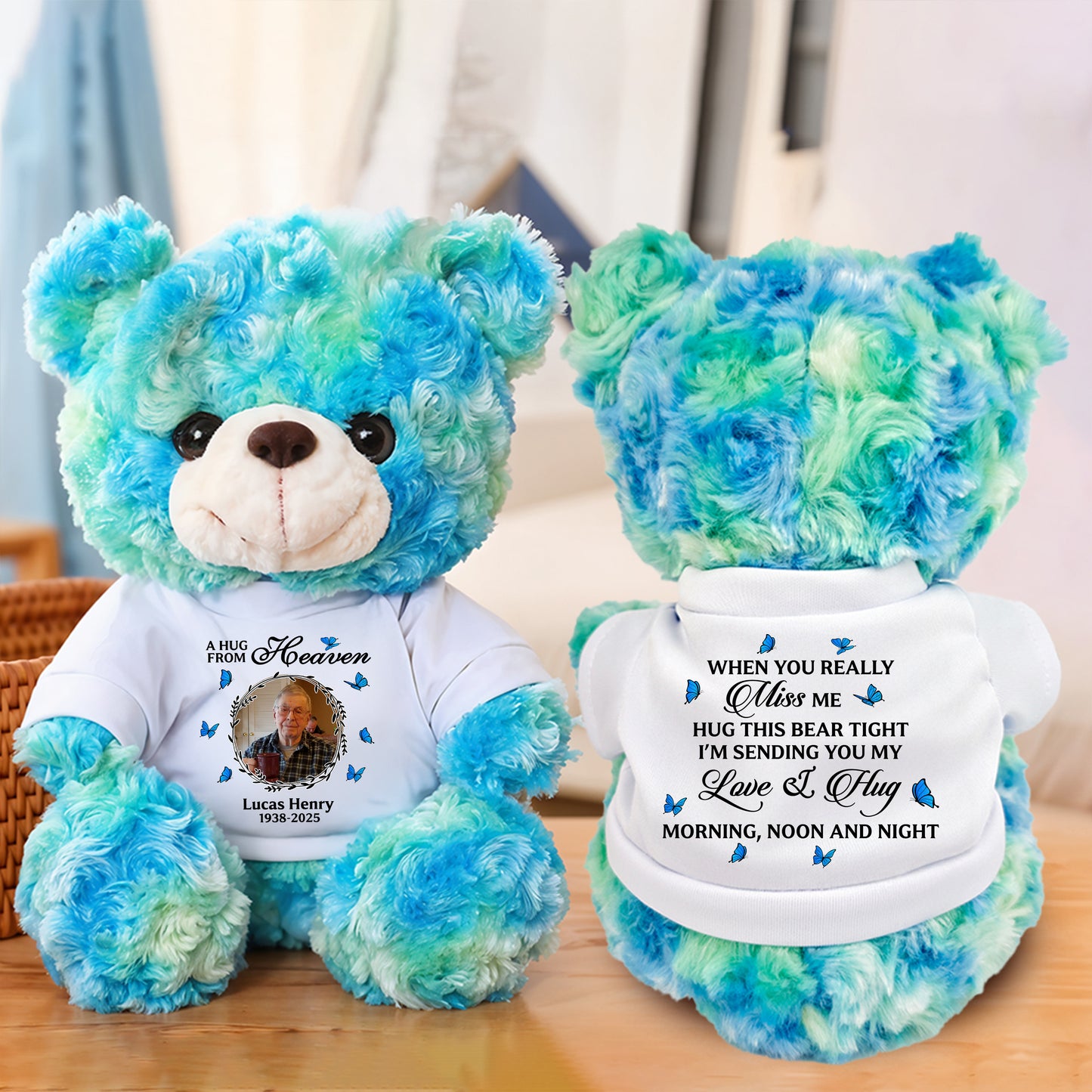 Personalized memorial teddy bear with custom photo, a comforting "Hug From Heaven" keepsake.