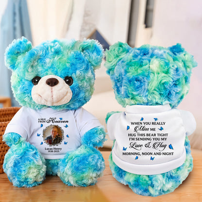 Personalized memorial teddy bear with custom photo, a comforting "Hug From Heaven" keepsake.