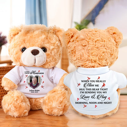 Personalized memorial teddy bear with custom photo, a comforting "Hug From Heaven" keepsake.